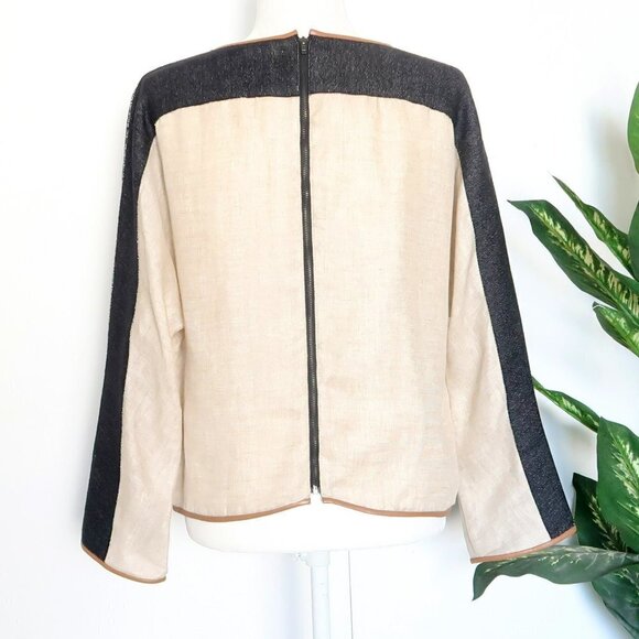 Dina Agam Anthropologie Linen Denim Lambskin Leather Crew Neck Long Sleeve Top M - Picture 5 of 12